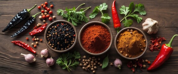 Colorful assortment of spices in bowls with herbs and chilies arranged on a wooden background creating a vibrant culinary scene.