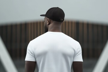 Man wearing a fitted white t-shirt and black cap stands with back turned against modern architecture in an urban setting