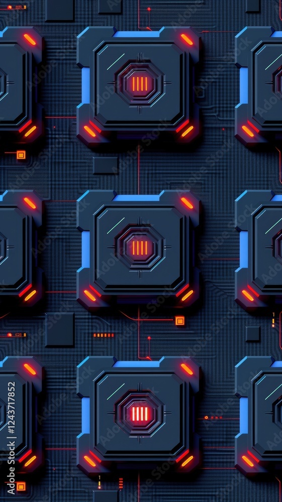 Poster a futuristic digital pattern featuring dark blue circuit-like squares with glowing red and orange ac