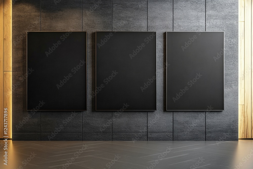 Poster minimalist artwork display in modern gallery setting with three blank frames against contemporary st