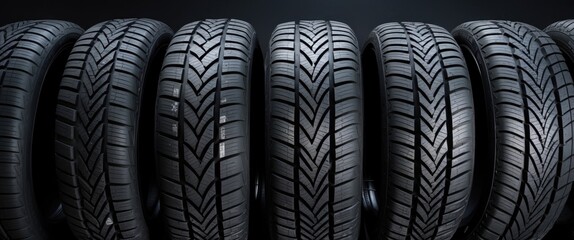 Collection of new tires arranged on a dark background showcasing their tread patterns and texture for automotive or retail use.