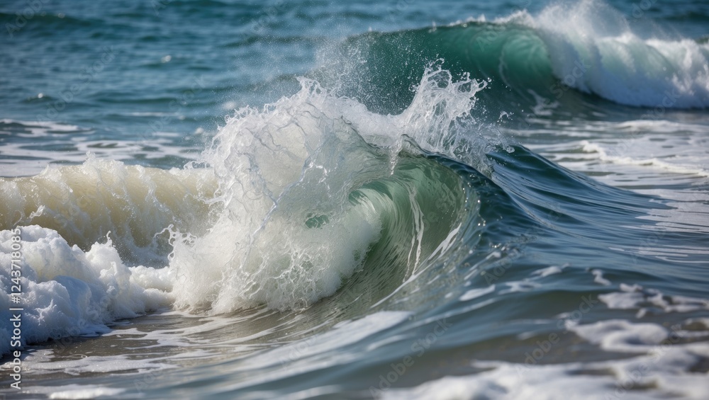 Poster dynamic ocean waves crashing onto the shore creating foam in a serene beach atmosphere with sparklin