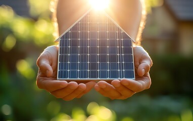 Two hands carefully holding a boldoutlined, energyefficient home, with warm sunlight shining down, representing sustainable insulation and ecofriendly living, clean modern design