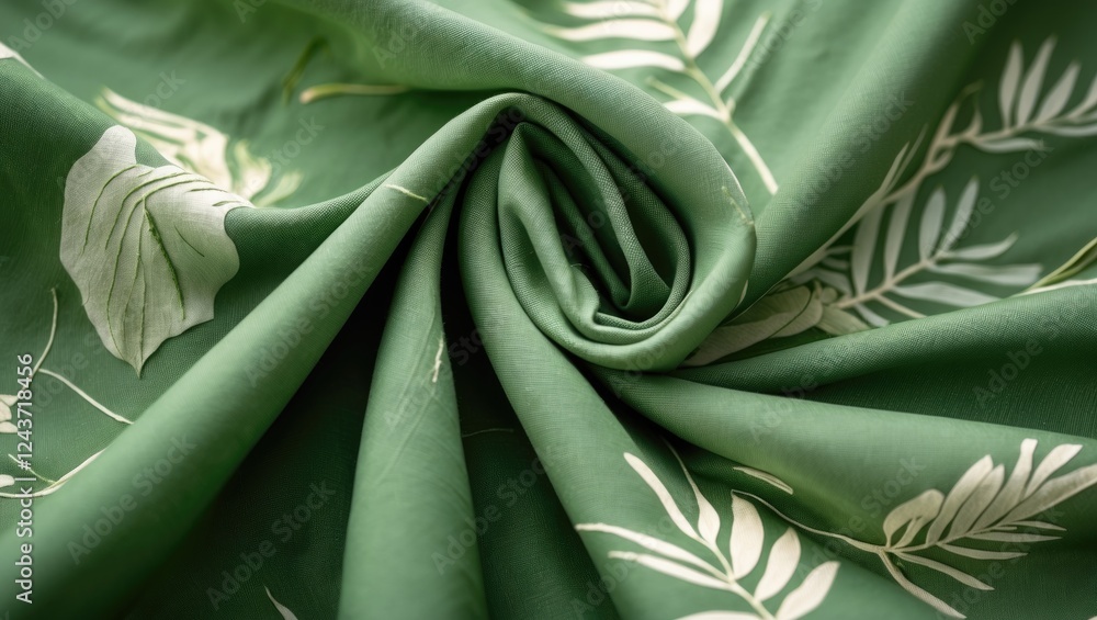 Poster close-up of soft green fabric featuring intricate leaf patterns and gentle folds illuminated by natu