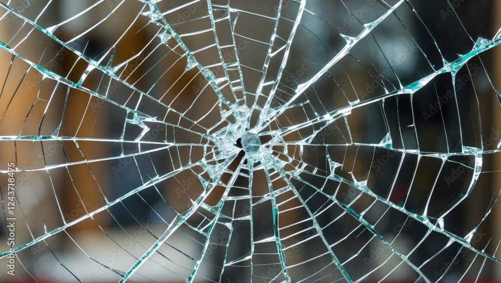 Poster close-up view of a shattered glass pane featuring intricate spiderweb crack patterns radiating from 