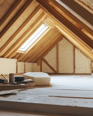 This image showcases a bright and spacious attic under construction, featuring unfinished wooden beams and insulation material, highlighting a potential living space.