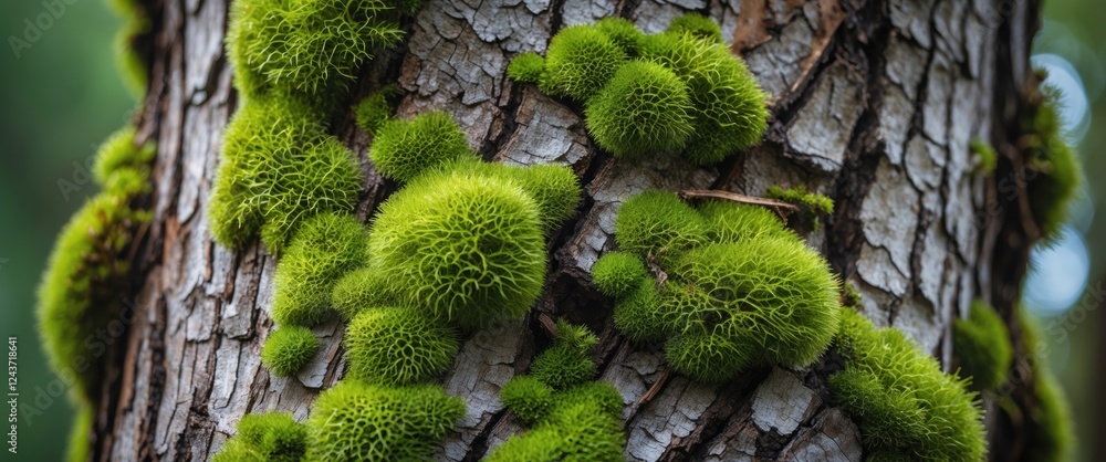 Poster close-up macro view of tree bark adorned with vibrant green moss highlighting nature's intricate tex