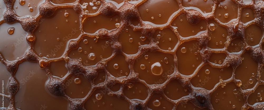 Aufkleber close-up view of glistening natural brown tree sap displaying intricate textures and droplets on a s