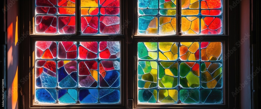 Poster vibrant multicolored glass window showcasing intricate patterns and reflections illuminating an inte