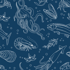 Sea style seamless pattern. Octopus, shrimp, salmon, trout, oysters, mussels, squid, crab. Vector illustration with marine elements.