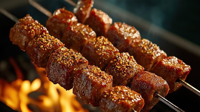 A Chinese street food stall grilling skewered lamb seasoned with cumin and chili flakes