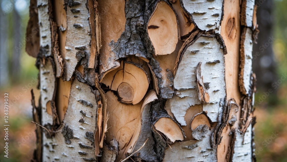 Poster closeup of textured birch bark showcasing natural patterns for use in backgrounds and design project