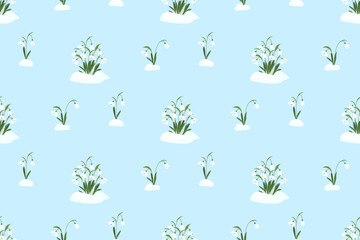 Delicate seamless pattern with snowdrops in the snow. Primrose. Flat style illustration for fabric, wrapping paper, cards, banners. Vector illustration