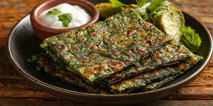 A close-up of glowing methi parathas stacked neatly on a plate, served with a side of fresh curd and pickle. The golden brown parathas with flecks of green methi make for a wholesome visual 