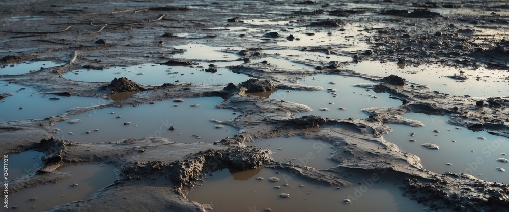 Poster natural mud patterns reflecting puddles on dry ground creating an abstract landscape of water and ea