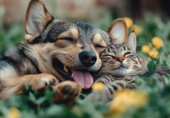 Obraz premium Adorable dog and cat enjoying a peaceful nap together in a sunny meadow filled with vibrant flowers and soft green grass, showcasing the bond of friendship