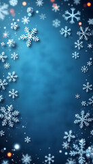 Christmas / winter festive celebration background banner template - Frame made of snow with snowflakes,  bokeh lights, stars and ice crystals on dark blue colored texture, top view with space for te