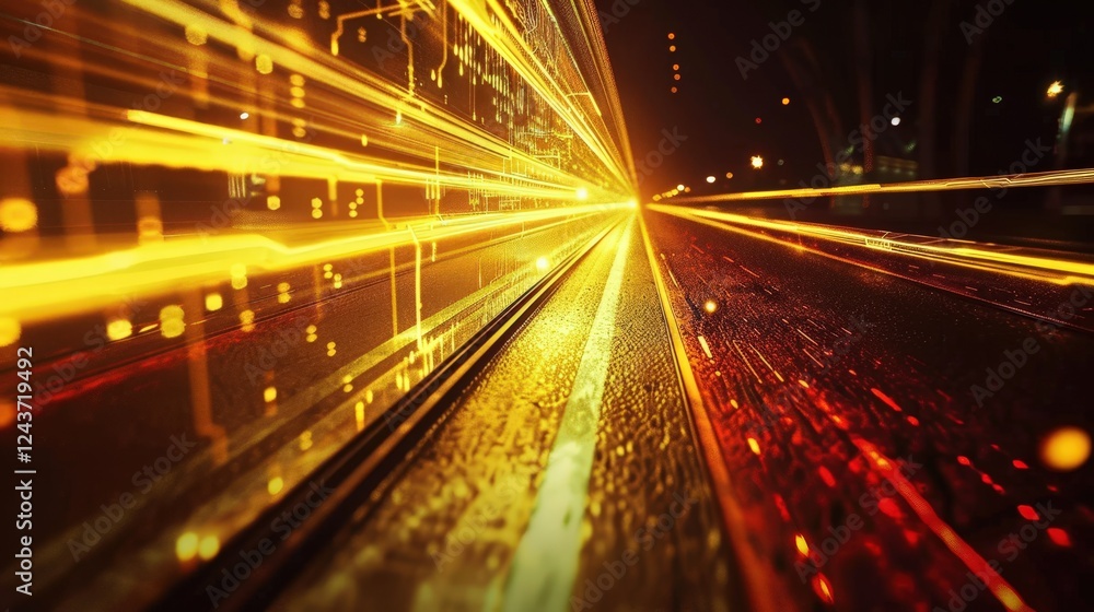 Poster a vibrant, abstract image showcasing dynamic light streaks in yellow and orange, representing speed 