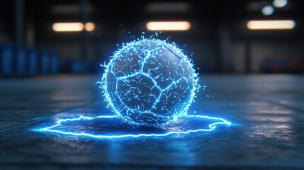 A frozen moment in a volleyball game capturing the dynamic energy and power of the sport with glowing trails of light and electricity trailing the ball s movement  This abstract