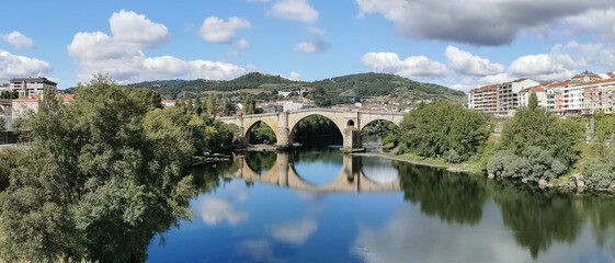 Panoramic view of the Ponte Maior de Ourense, also called Ponte Romana, Ponte Medieval or Ponte Velha, is a bridge over the river Miño, Ourense, Galicia, Spain