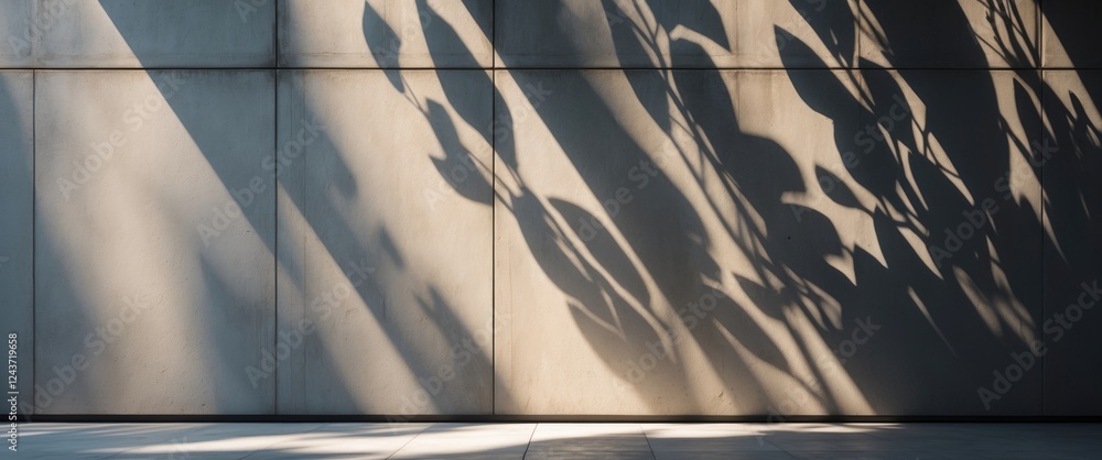 Poster light and shadow interplay on a concrete wall with foliage projections creating abstract shapes in a