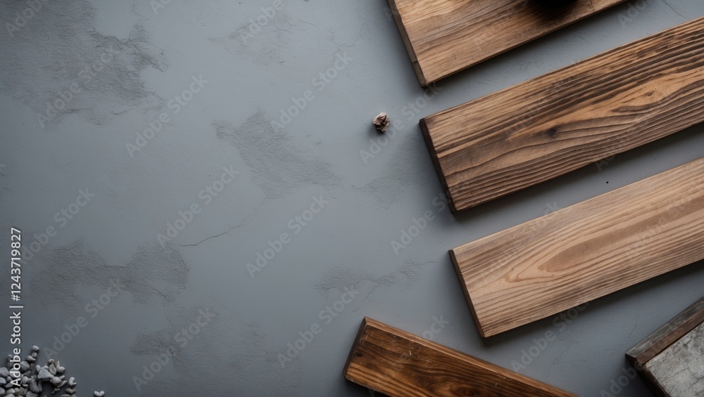 Poster top view of a textured grey surface paired with rustic wooden planks creating a modern and natural c