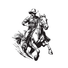 Dynamic black and white vector illustration of a cowboy riding a galloping horse. Bold lines and high contrast create a powerful Western-themed design.