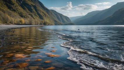 Obraz premium Tranquil Lakeside Scene with Clear Water and Majestic Mountains in Background at Sunrise or Sunset