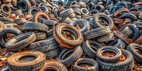 A mountain of worn-out vehicle tires in a messy and cluttered environment with rusty metal scraps scattered around it , worn-out, metal scraps