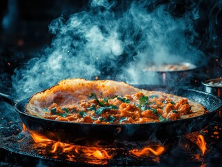 A close-up of glowing rawa dosa being cooked on a hot griddle, served with coconut chutney and hot sambar in small steel bowls. The crispy golden dosa contrasts with the smooth white chutney 