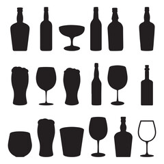Fototapeta premium Silhouettes various alcohol cocktail glasses bar set. Black Isolated Glasses of wine, glasses of beer, bar bottles and shot glasses. Vector illustration on white background