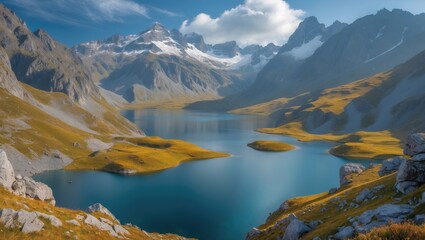 Serene Mountain Landscape with Clear Lake and Majestic Peaks in Rila Mountains during Bright Daylight