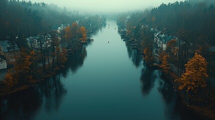 Misty Autumn River Village Houses and Trees