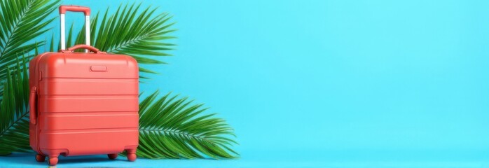 Vibrant red suitcase with tropical palm leaves with place for text.