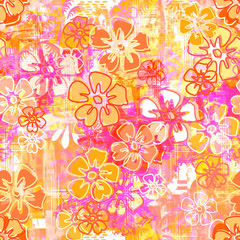 Retro Pink and Orange Hawaiian Barkcloth Hibiscus Floral Seamless Repeat