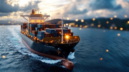 Aerial view of an illuminated cargo container ship sailing on the open sea during a stunning sunset  The ship is surrounded by waves clouds and a colorful evening sky