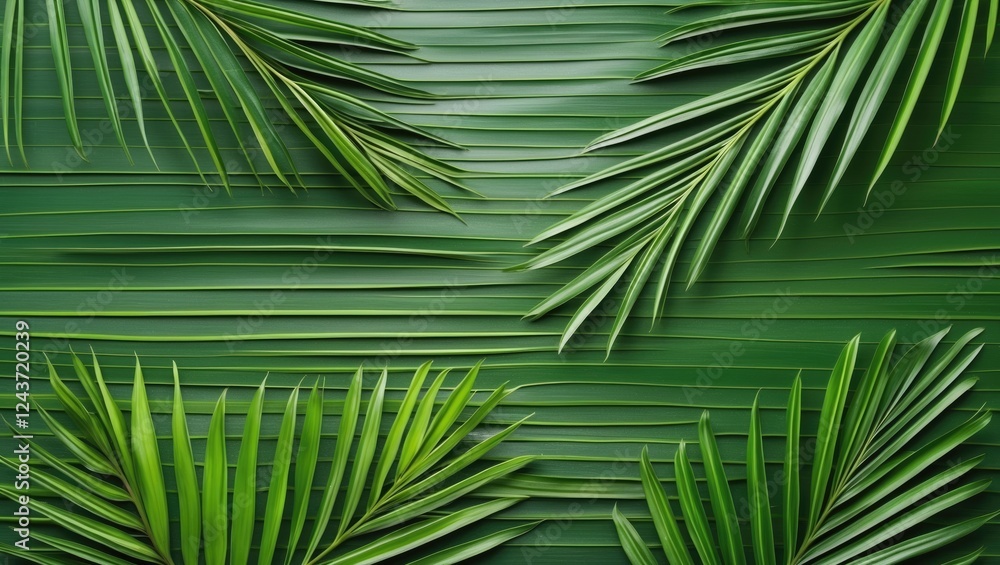 Poster vibrant green palm leaf texture background with striped layers and blank space for creative text or 