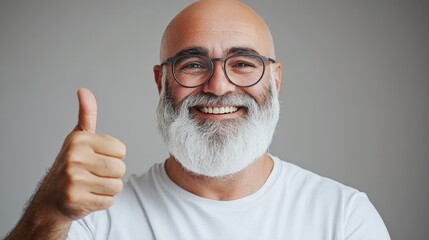 Fototapeta premium A cheerful elderly man with a joyful expression pointing upwards against a vibrant yellow background