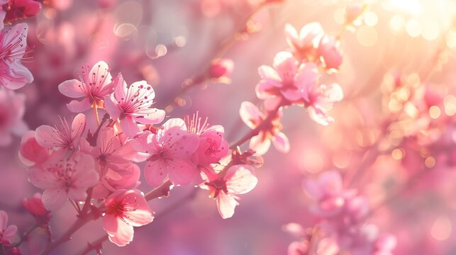 spring background cherry blossoms pink flowers sunlight nature close-up greeting card
