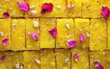 A close-up of glowing shahi tukda, with crispy fried bread slices soaked in saffron-infused milk, garnished with chopped nuts and rose petals. The glossy texture adds richness to the festive 