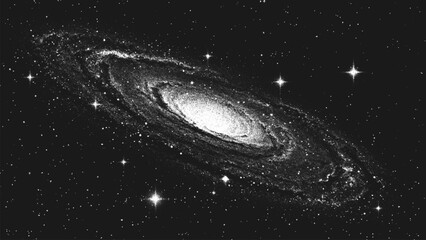 Deep space scene background in stippling style with huge spiral galaxy glowing in the endless universe. Milky Way galaxy. Retro styled dotwork. Pointillism. Shading using dots. Vector illustration