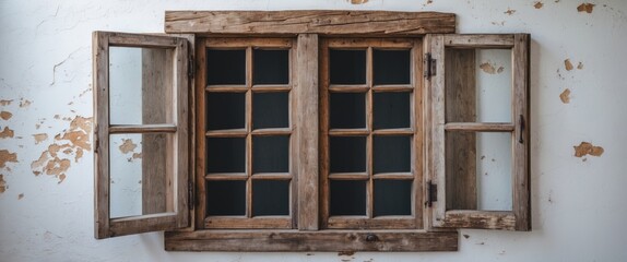 Fototapeta premium Rustic wooden window with open shutters against a textured white wall backdrop perfect for vintage or home decor themes