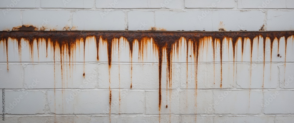 Poster rust stains dripping down a textured white wall creating an abstract pattern of decay and weathering
