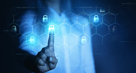 Cybernetic attack security, banking and Personal data. Protecting herself from cyber attacks.Cyber security firewall interface protection concept.