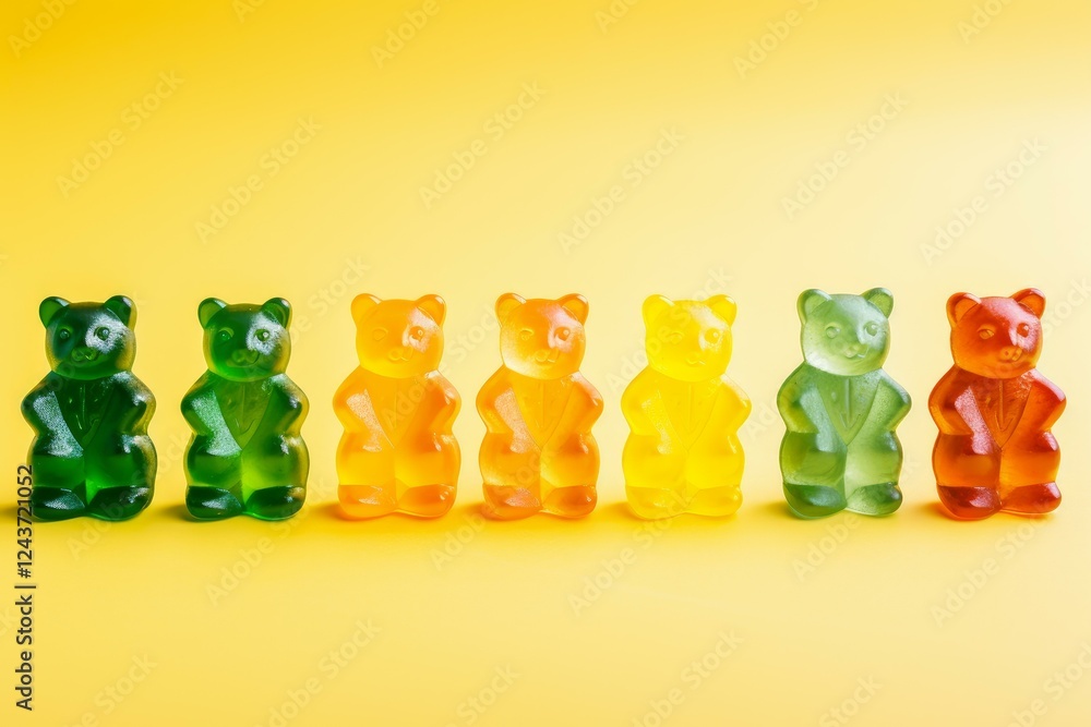 Poster eight colorful gummy bears standing in a row on a vibrant yellow background, creating a playful and 