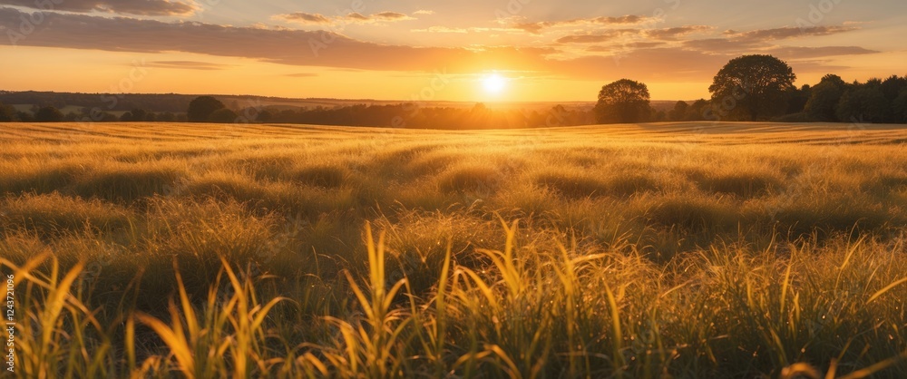 Poster golden pasture at sunset illuminated by warm twilight with lush grass and open space for text overla
