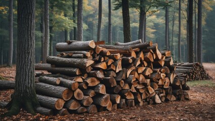 Stacked firewood in a serene Black Forest landscape surrounded by tall trees and autumn foliage, showcasing natural wood textures and colors.