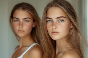 Two young women with long hair and blue eyes posing together against a soft background.