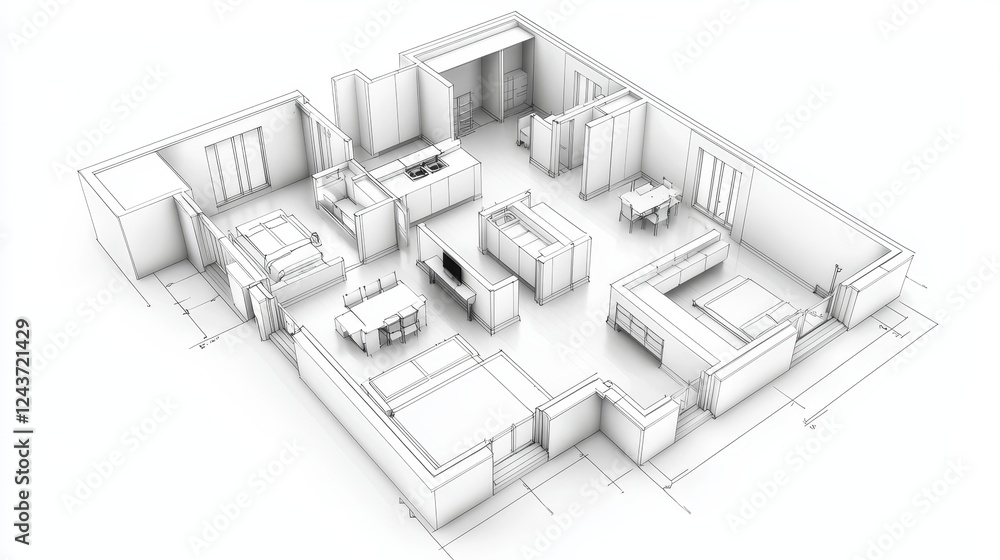 Fototapete striking 3d architectural rendering of a modern house design with detailed blueprint visualization