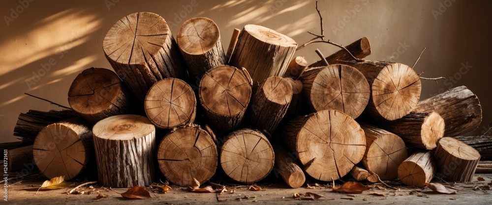 Poster stacked logs with distinct ring patterns showcasing natural wood texture and warm lighting in a rust